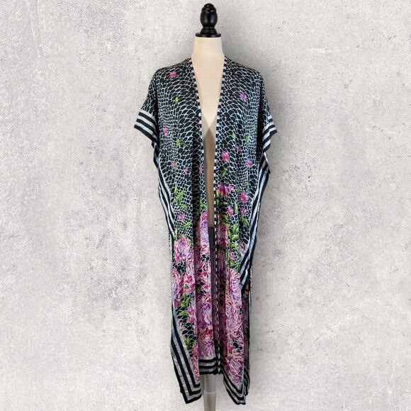 Anthropologie Printed Duster Kimono Blue Floral Stripe Open Front, One Size - Picture 2 of 10